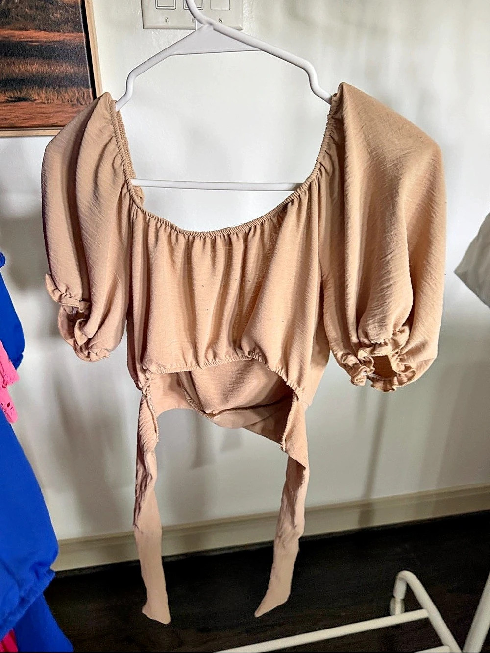 Puff Sleeve Tie-Front Crop Top in Brown